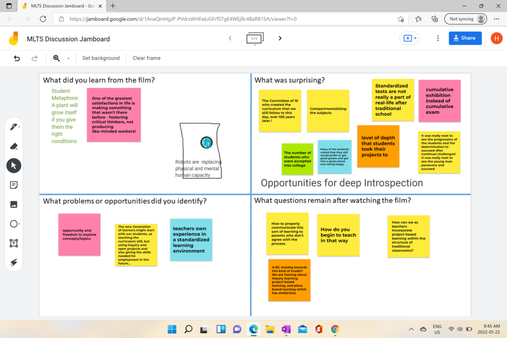 MLTS Discussion Jamboard - Go X
https://jamboard.google.com/d/l AnaQmHgJP
MLTS Discussion Jamboard
S
e
Set background
Clear frame
What did you learn from the film?
What was surprising?
Student
Metaphore:
A plant will
grow itself
if you give
them the
right
conditions
One of the greatest
satisfactions in life is
making something
that wasn't there
before - fostering
critical thinkers, not
producing
like-minded workers!
The Committee of 10
who created the
curriculum that we
still follow to this
day, over 100 years
later !
Compartmentalizing
the subjects
Many of the students
voiced that they still
would prefer to get
good grades and get
into a good school
over being happy.
Standardized
tests are not
really a part of
real-life after
traditional
school
level of depth
that students
took their
projects to
Not syncing
Share
cumulative
exhibition
instead of
cumulative
exam
It was really neat to
see the progression of
the students and the
determination to
succeed after
continual challenges!
It was really neat to
see the young man
persevere and
succeed
Ro Ots are replacin
ph ical and mental
hu an capacity
What problems or opportunities did you identify?
The nurnber of
students who
were accepted
into college
Opportunities for deep Introspection
What questions remain after watching the film?
rtunity a
om to e
ncepts/topi
The new Generation
of learners might start
with our students, us
teaching the
curriculum still, but
using inquiry and
open projects and
also giving the skills
needed for
employment in the
futurem
teachers own
experience in
a standardize
learning
vironme
How to properly
cornrnunicate this
sort of learning to
parents who don't
agree with the
process.
Is BC moving towards
this kind of model?
We are hearing about
Inquiry learning.
project-based
learning, and place
based learning which
has similarities
How do you
begin to teach
in that way
How can we as
teachers
incorporate
project-based
learning within the
structure of
traditional
classrooms?
ENG
us
x
9:45 AM
2022-01-22